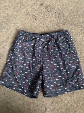 Columbia Navy Fish-Print Swim Trunks with Red & White Accents